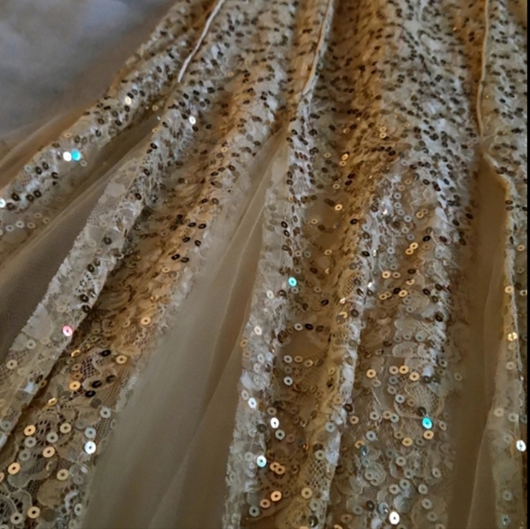 Mermaid GOLD Prom Dress. Size 4. Ony worn once. Crystal bodice. Tule skirt. - Picture 2 of 6